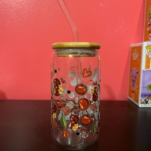 Cherries & Hearts - 16 oz Libby Glass Cup with Bent glass straw